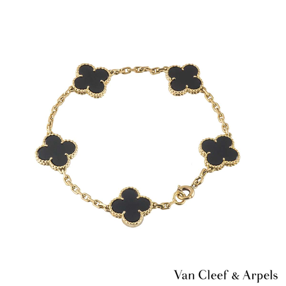 Van Cleef & Arpels Yellow Gold Onyx Alhambra Bracelet | Rich Diamonds